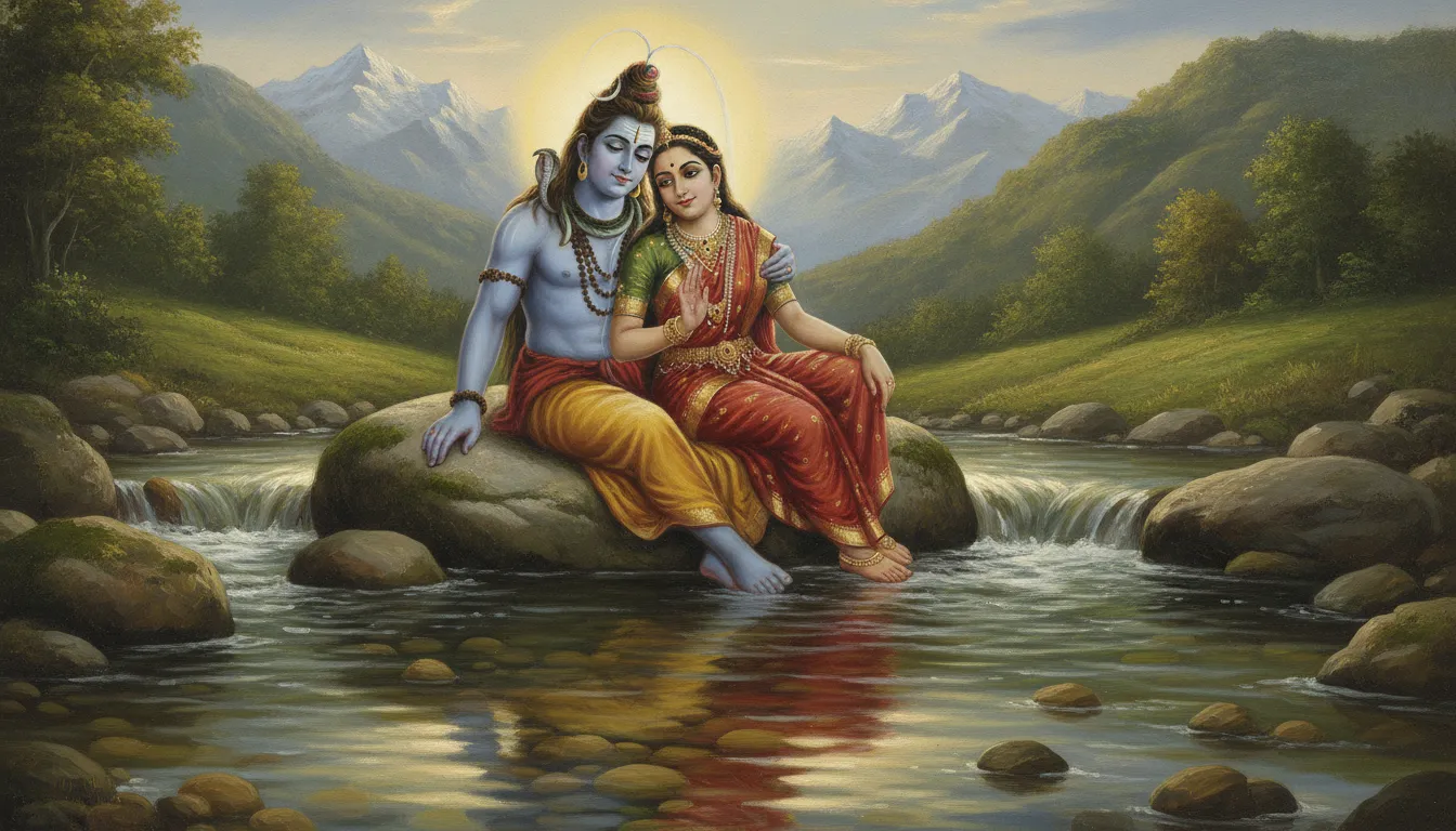 Painting of Shiva and Parvati near a mountain stream with a radiant golden halo
