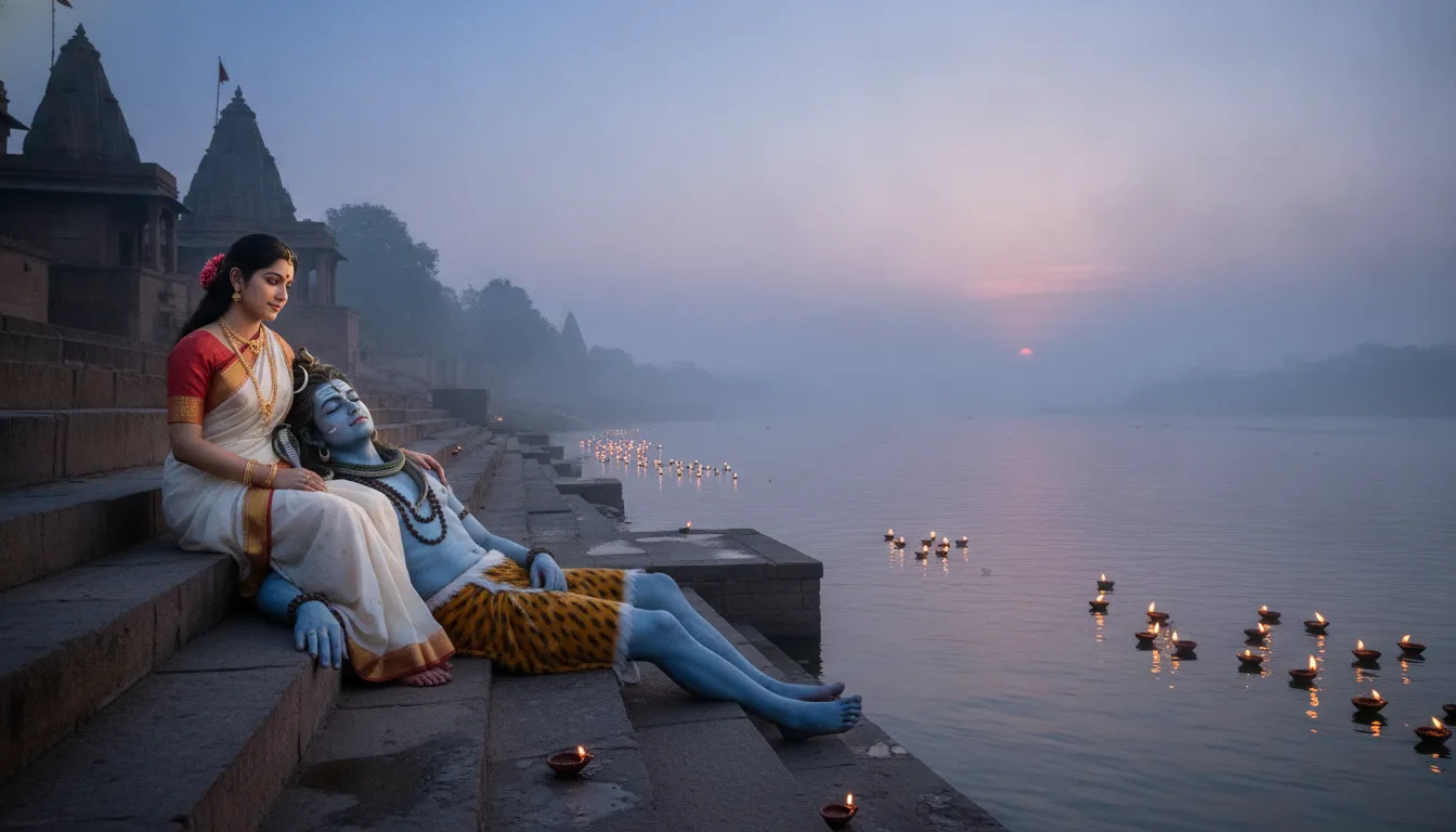Goddess Parvati holding resting Shiva by the sacred Ganges river