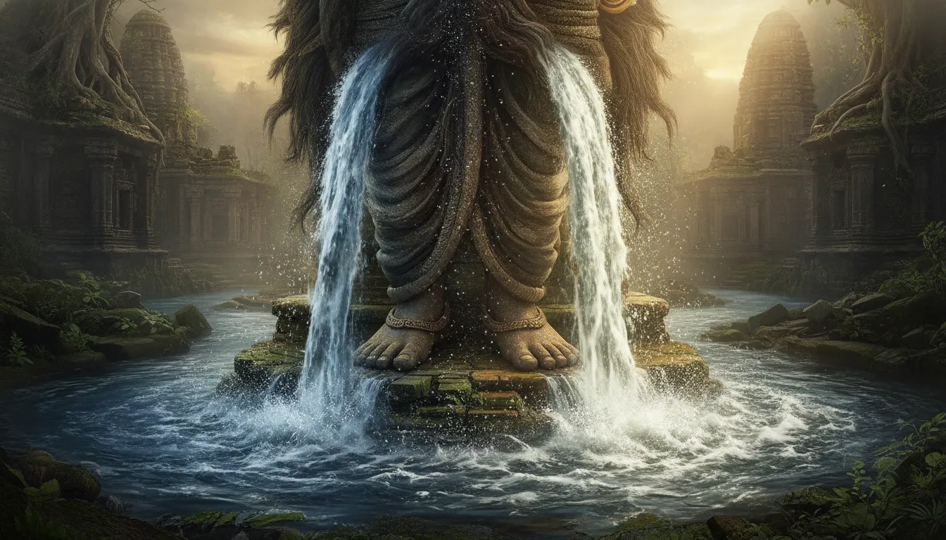 An epic digital painting showing the personified sacred rivers flowing out from the hair and hands of Harihara