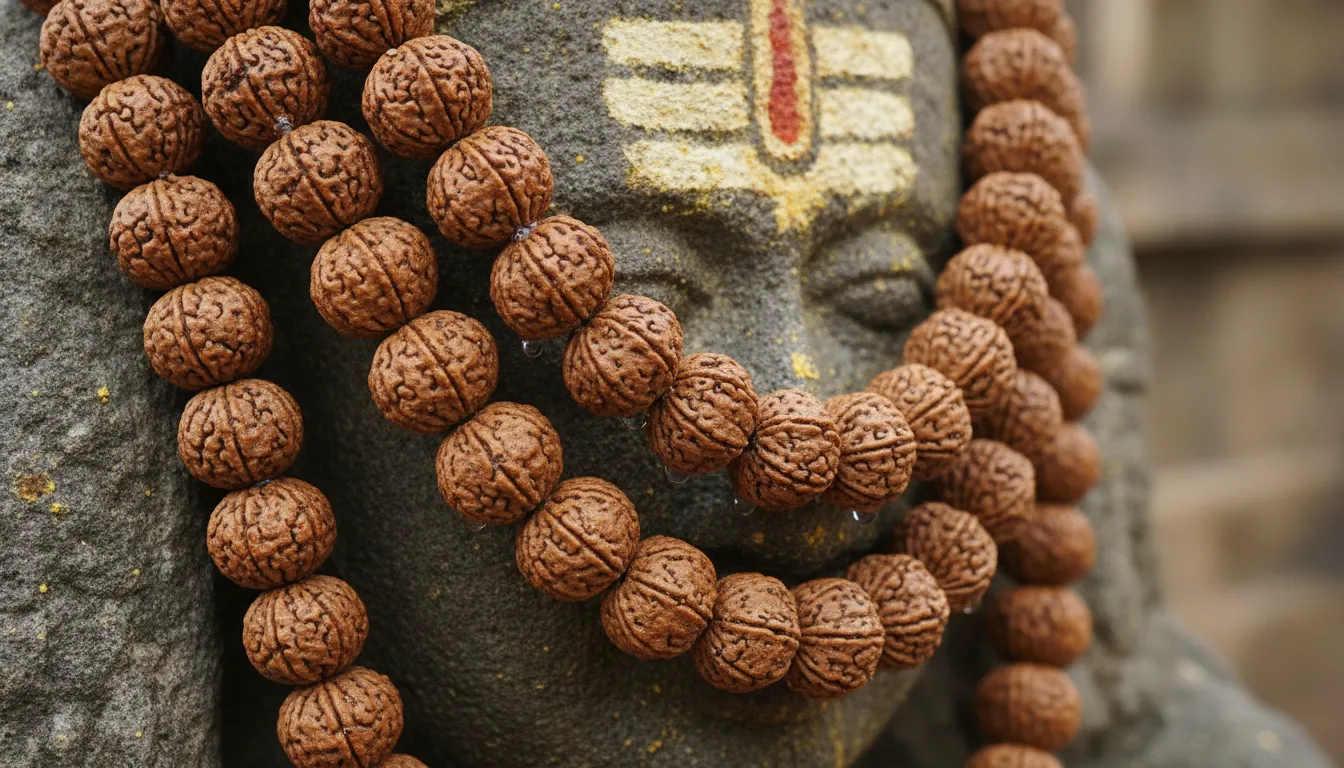 Authentic multi-layered rudraksha seed malas draped over the stone image of pashupatinath shivling nepal.