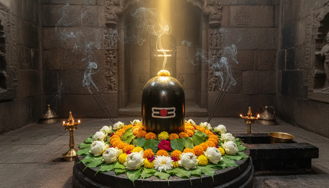 Glowing sacred Shiva Lingam with flowers 1080p HD wallpaper download
