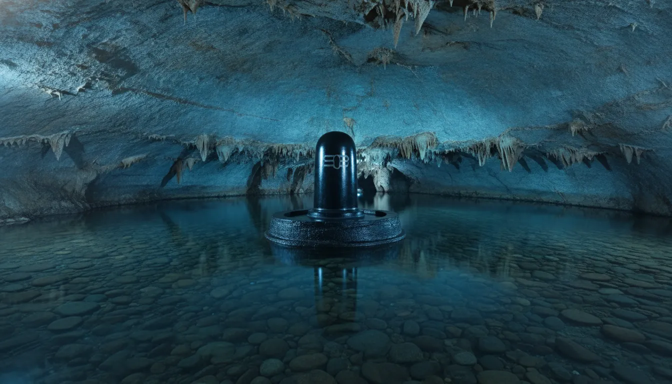 A black basalt Shiva Lingam standing in the center of a pure underground water pool.