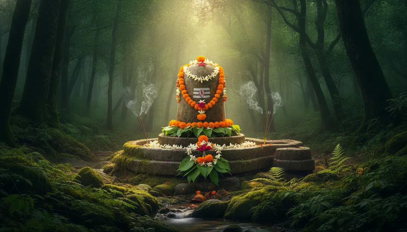 A sacred Shiva Lingam adorned with flowers and Bilva leaves inside a misty ancient forest.