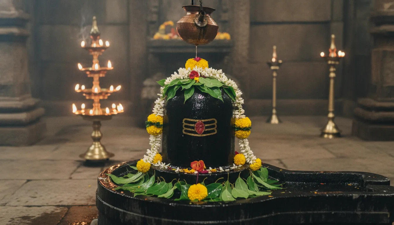Holy Shiva Lingam decorated with Bael leaves and flowers in ancient temple