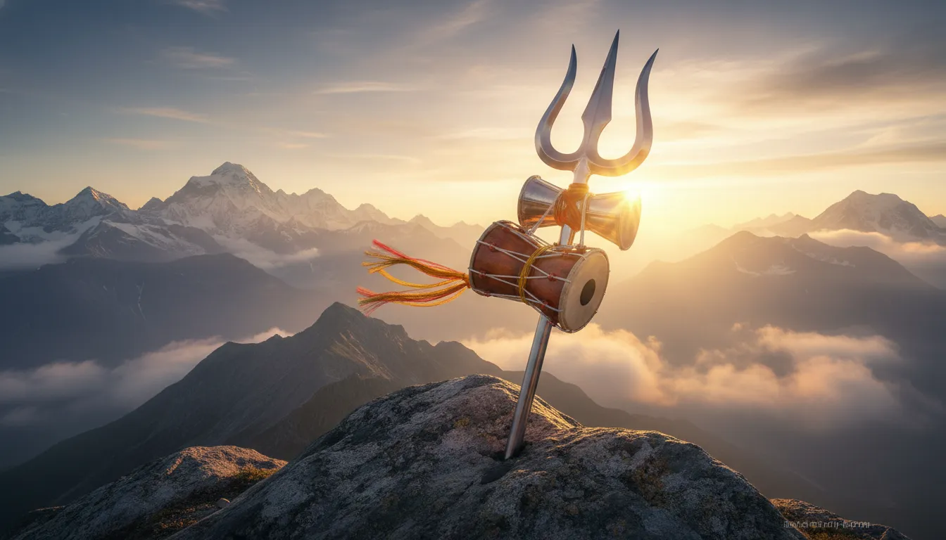 The holy Trishul and Damru of Lord Shiva planted firmly in the mountains against a golden sunrise.