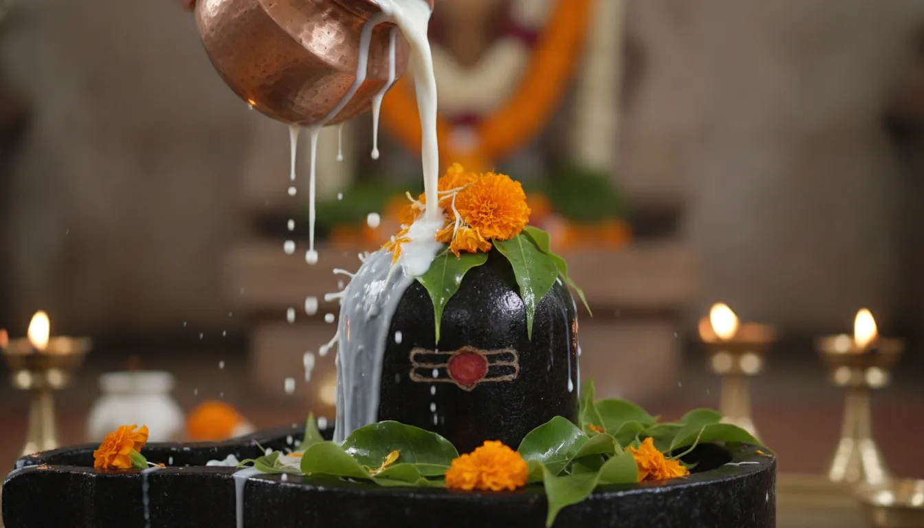 Full HD close-up photo of holy water and milk pouring over a black stone Shivling.