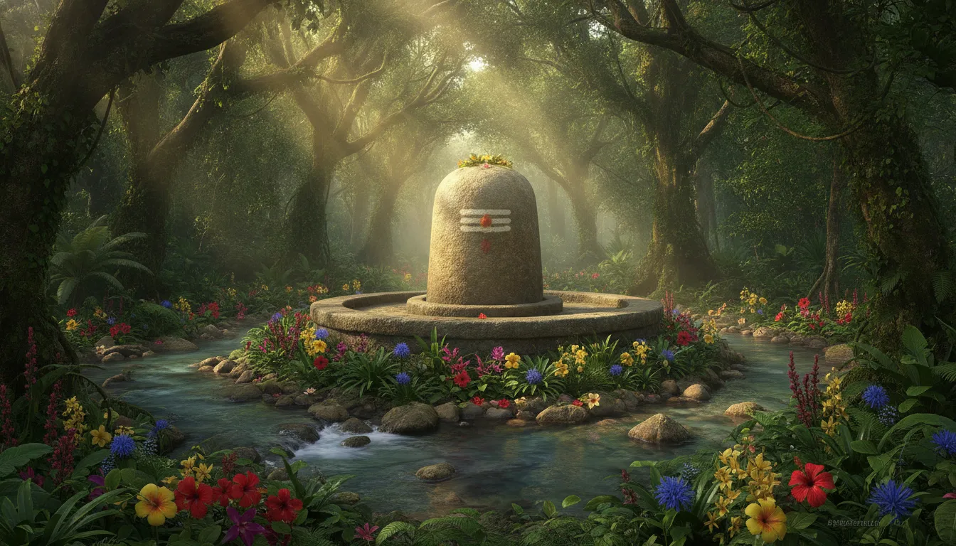 The majestic stone Shivling surrounded by lush green forests and ancient tropical trees