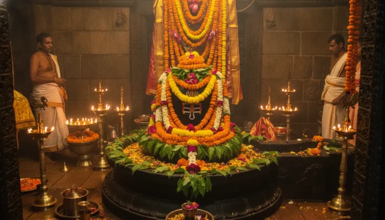 Close-up image of Singheshwar Mandir Shivling adorned with fresh marigold flowers and Bilva leaves under soft temple lighting.