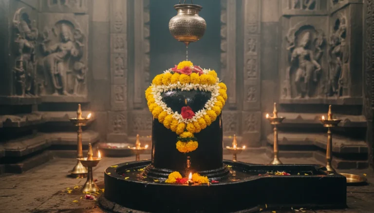 Symmetric frontal view of a sacred black stone shivling decorated with fresh flowers inside a traditional temple garbhagriha.