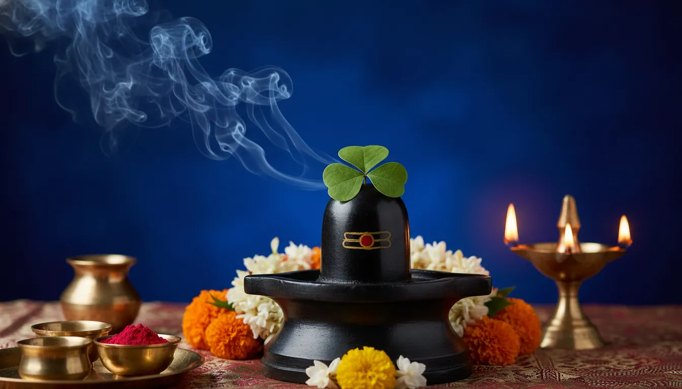 Spiritual Shivling with green Bel patra leaves next to a burning brass diya against a dark blue background.