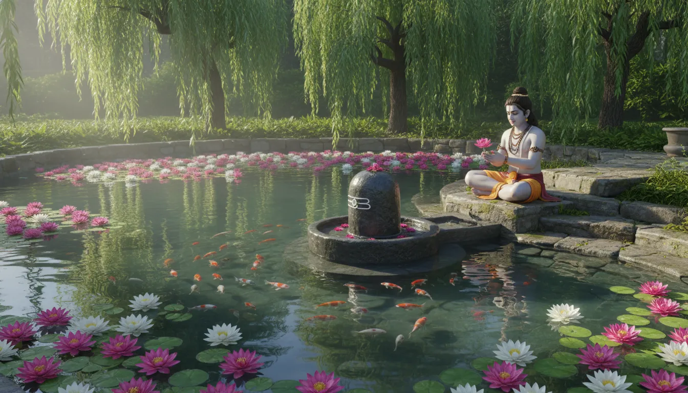 Full HD images of shivling with kartikaye surrounded by blooming pink lotus flowers and calm water body.