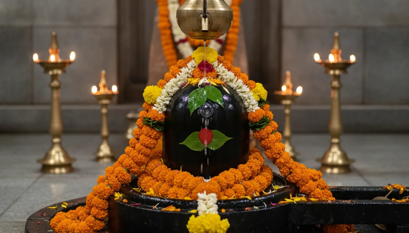 Full hd images of shivling decorated with fresh marigold flowers and bilva leaves inside an ancient stone temple.
