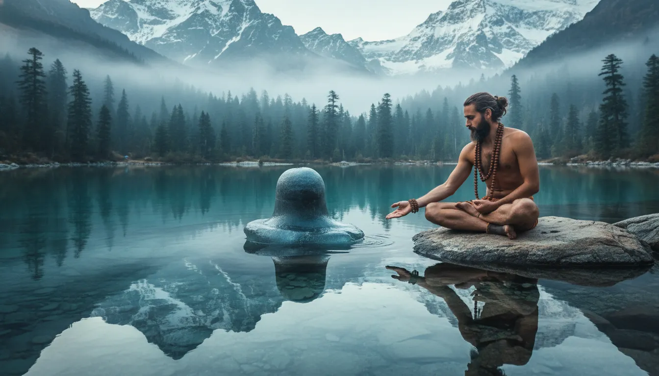 A beautiful image of shivling in water with a person meditating calmly in a Himalayan stream.