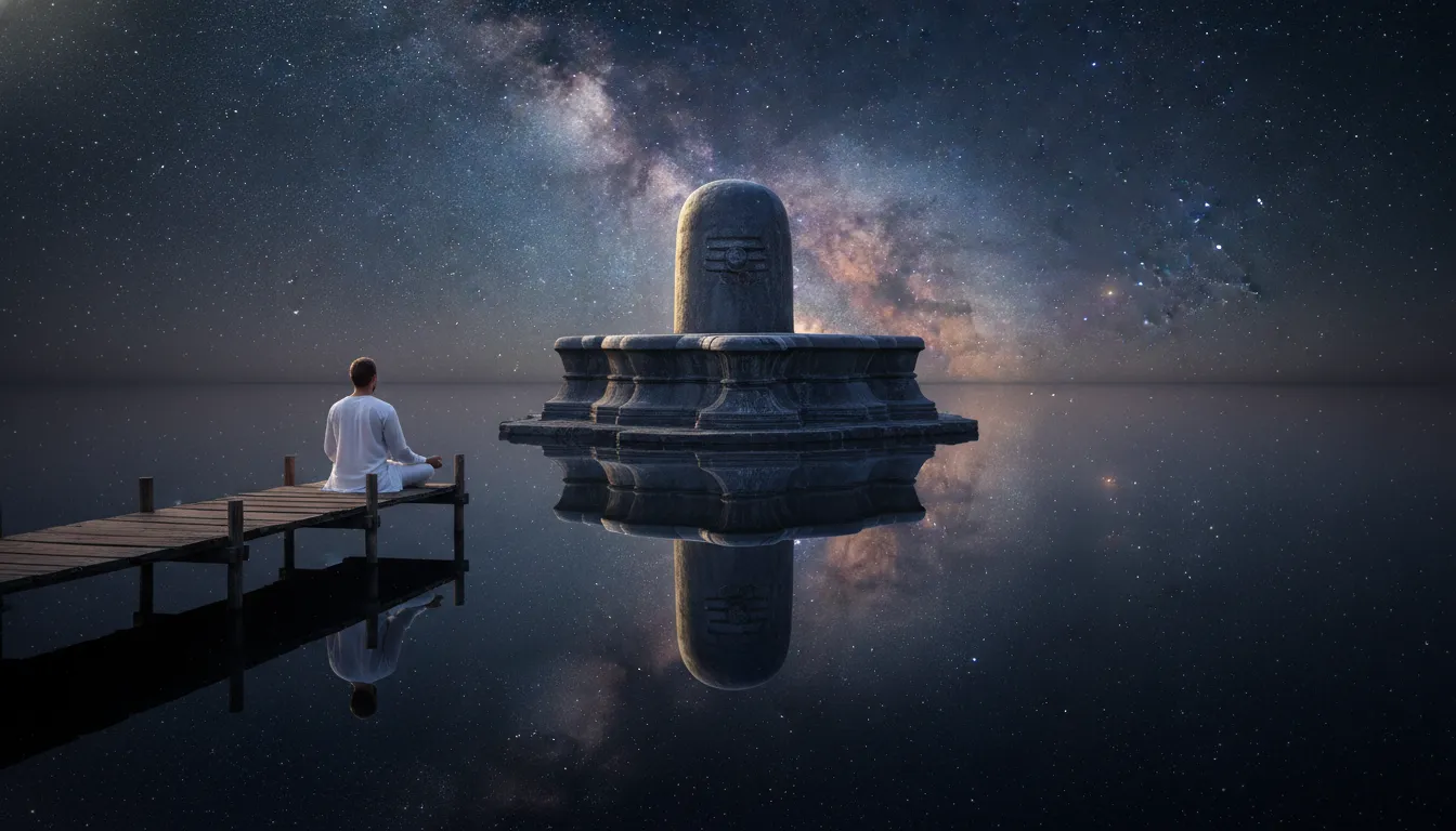 A cosmic image of shivling in water with a person sitting in deep meditation under a starry night sky.