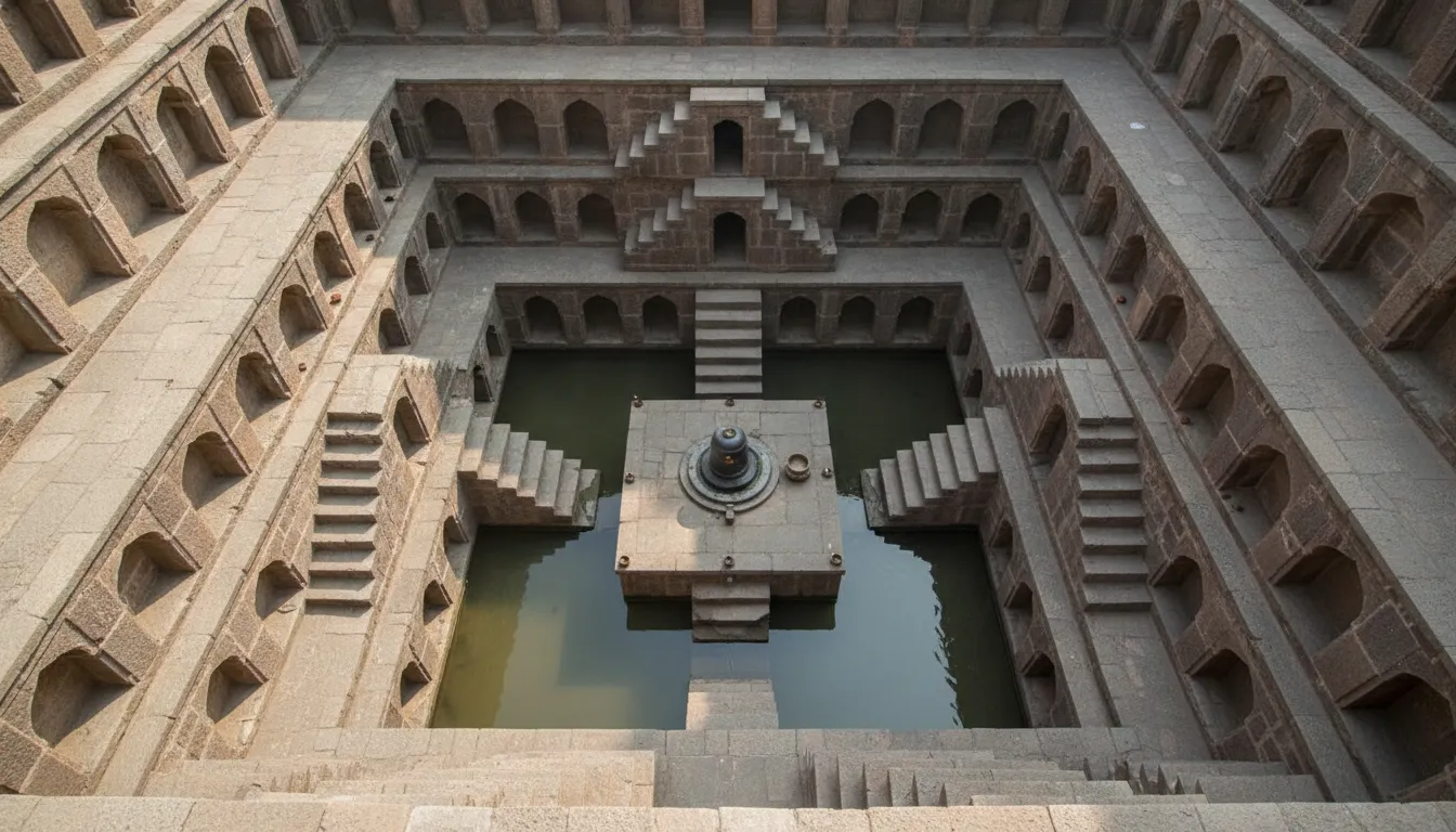 Ancient shiv temple shivling images showcasing a sacred stone Shivling at the base of a historical carved stone stepwell.