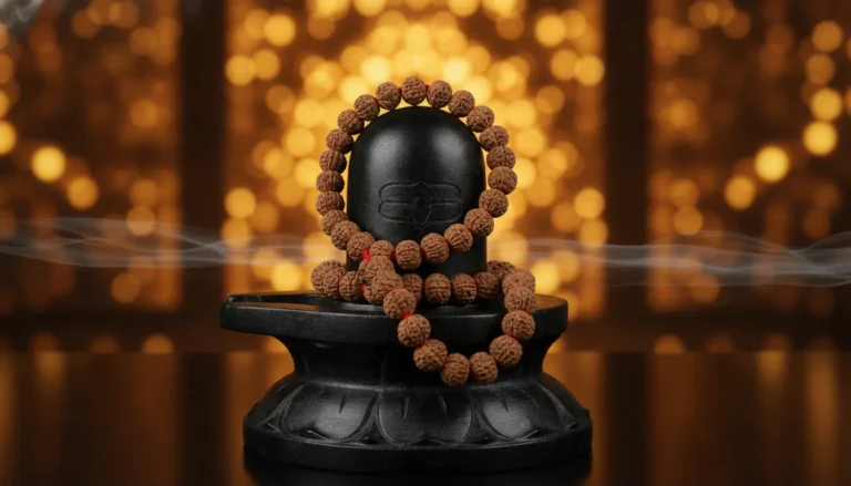 A beautiful black stone Shivling adorned with a sacred Rudraksha mala backdrop against a soft glowing golden bokeh background