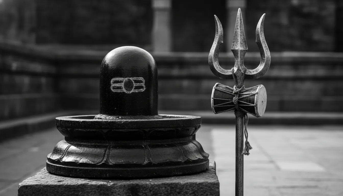 Powerful shivling image black and white featuring a Trishul and Damru.