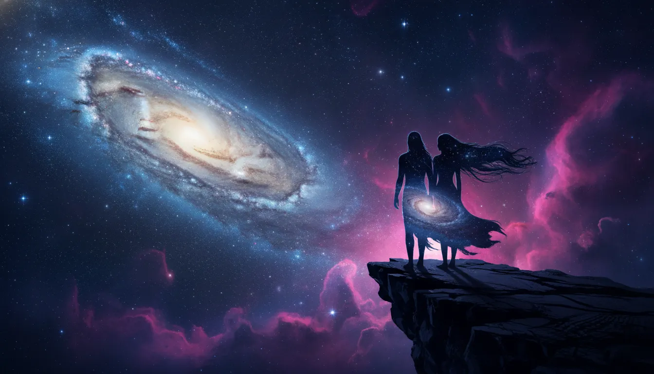 Silhouette of a divine couple looking at a bright swirling galaxy arm with stars sparkling in their hair