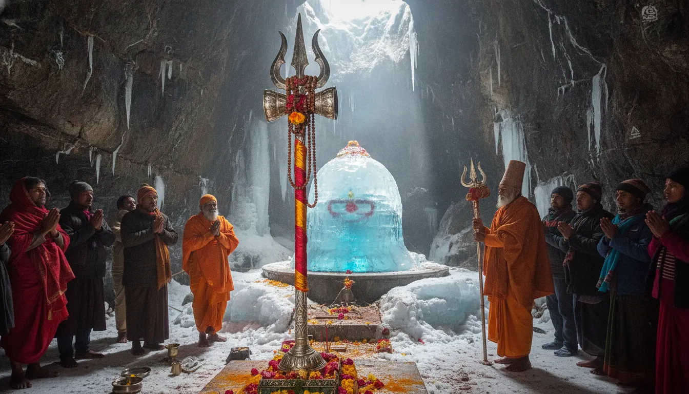 The ceremonial holy silver mace known as Chhari Mubarak placed beautifully in front of the ice Shivling.
