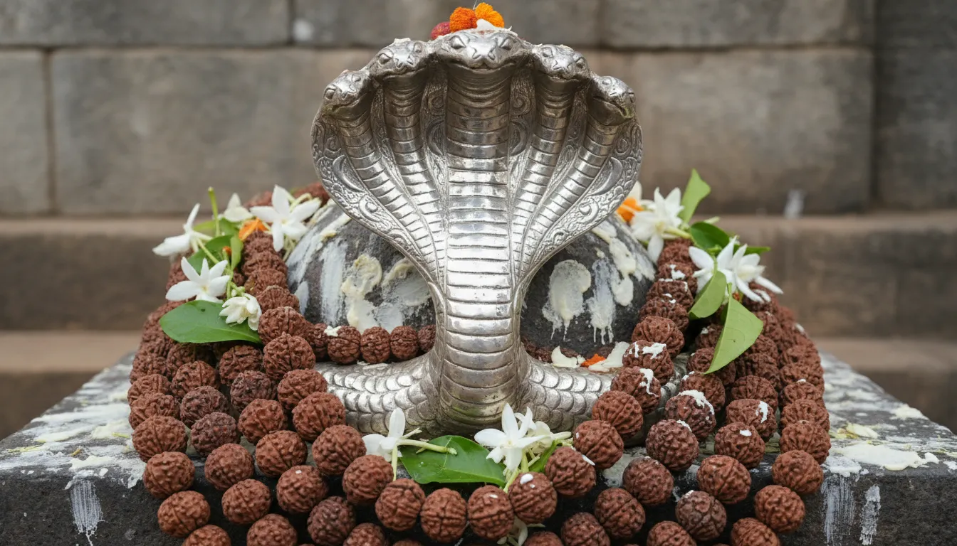 A symbolic close-up view of a multi-headed silver serpent hood and large rudraksha bead garlands used in worship rituals.