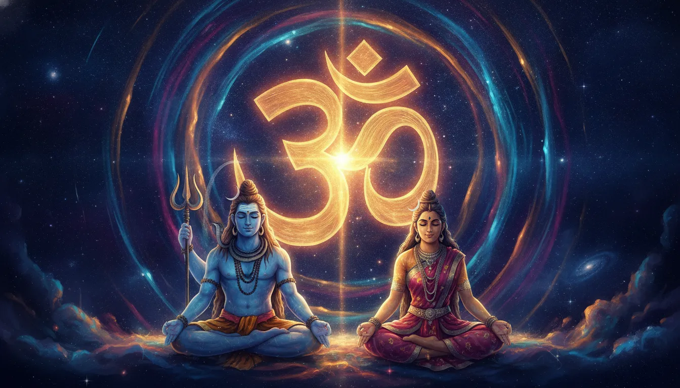Vibrant painting of Shiva and Parvati meditating with the sacred Om symbol glowing in their cosmic aura