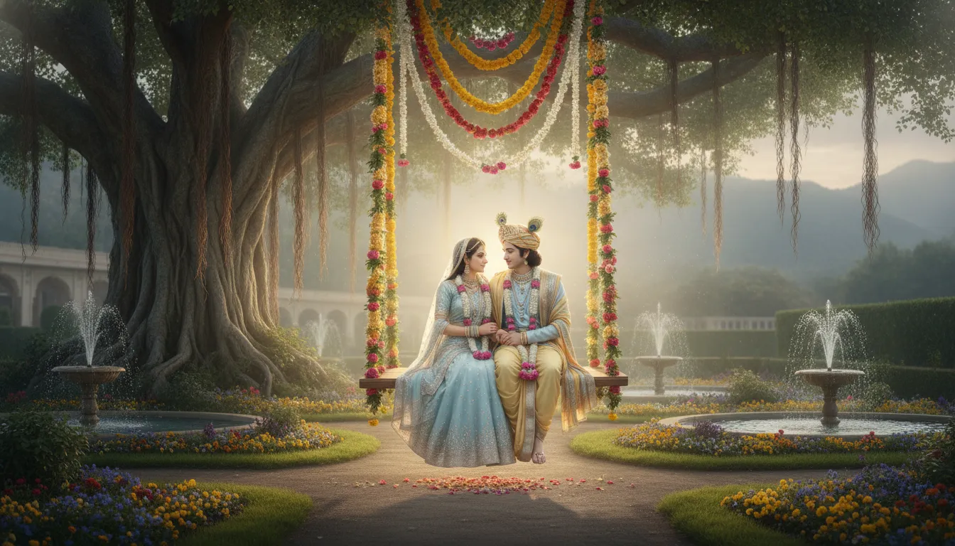 A devotional painting of a divine couple sitting on a beautifully decorated flower swing under a large banyan tree.