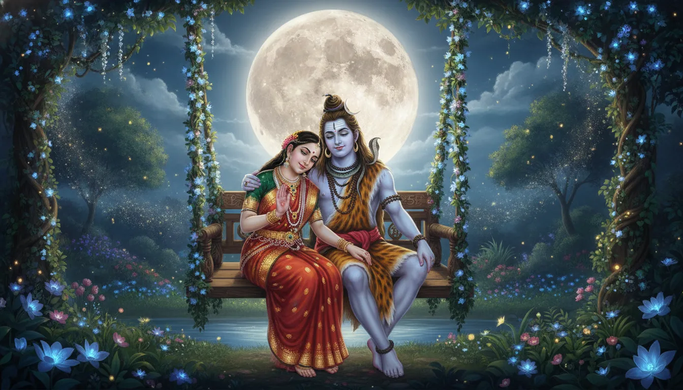 Goddess Parvati and Lord Shiva on a beautifully decorated wooden swing under a luminous night sky