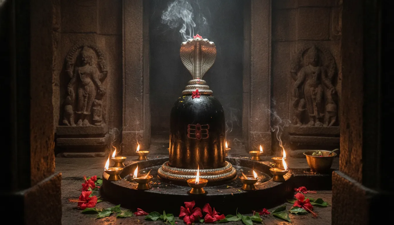 Traditional stone Mahadev Shivling inside a temple sanctum with glowing oil lamps