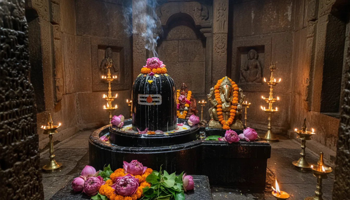 Beautiful full hd images of shivling with ganesha inside a traditional golden lit temple sanctum.