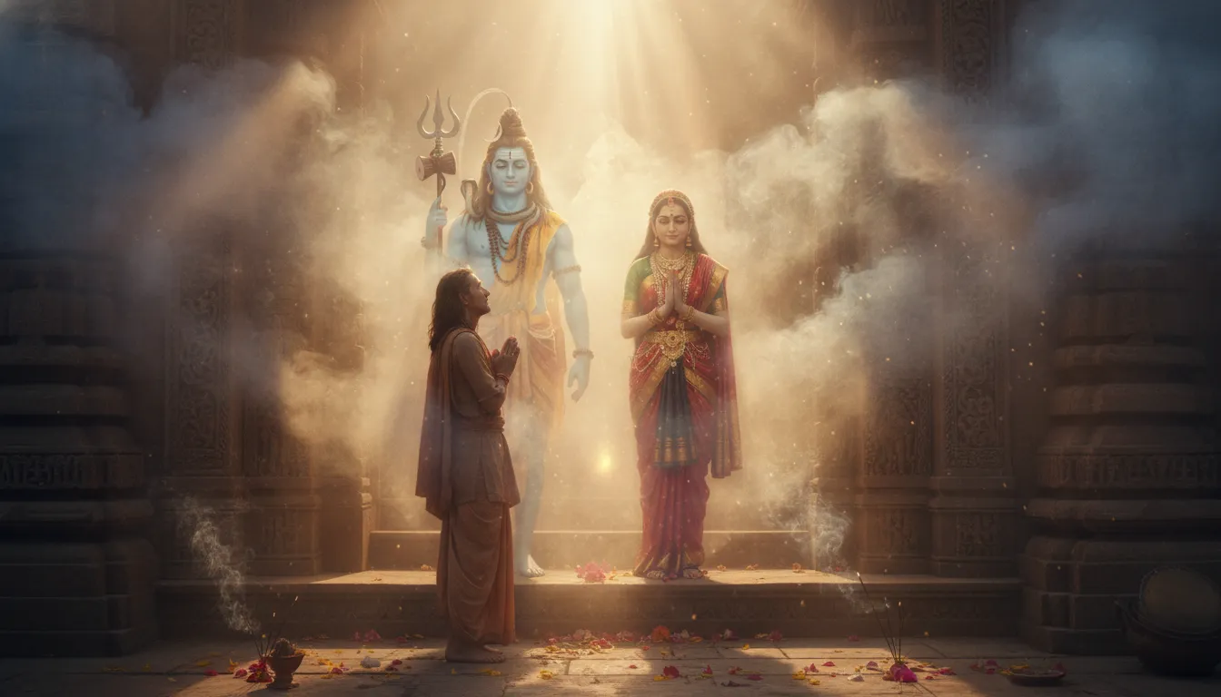 Wisps of holy dhoop smoke surrounding Shiva and Parvati standing at a temple entrance blessing a seeker