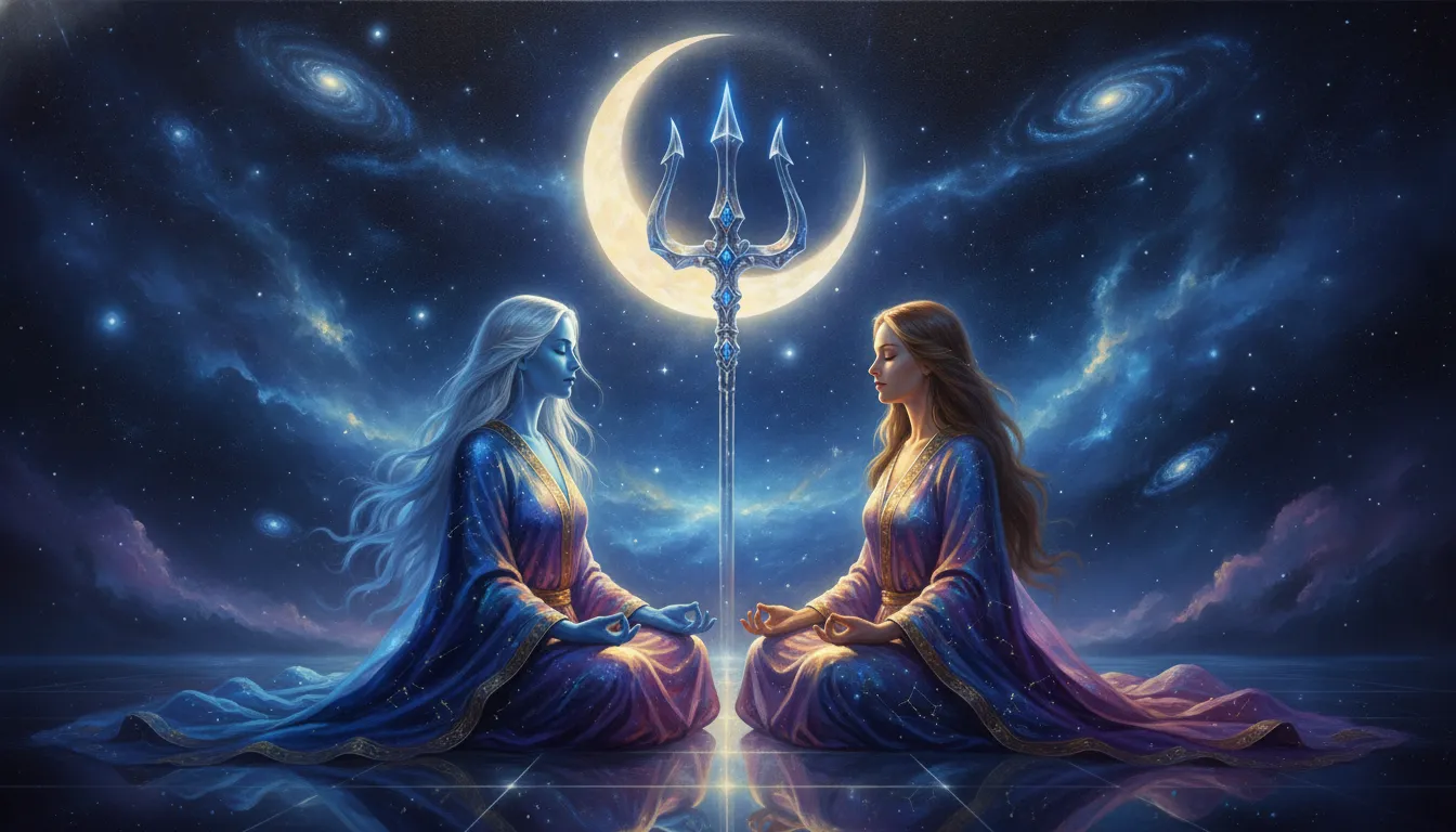 A blue deity and a woman transcending physical reality through meditation against a dark cosmic backdrop.