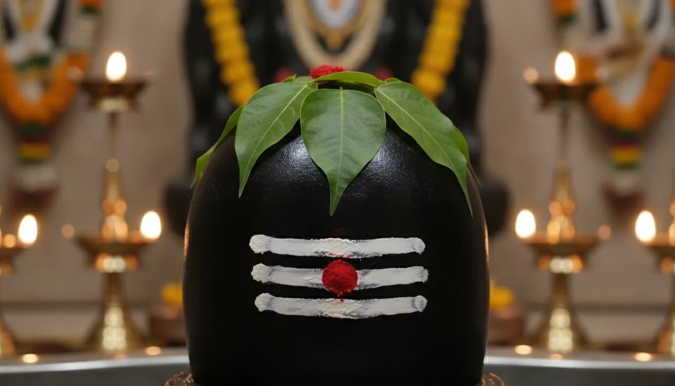 Black shivling hd images with traditional tripundra marking.