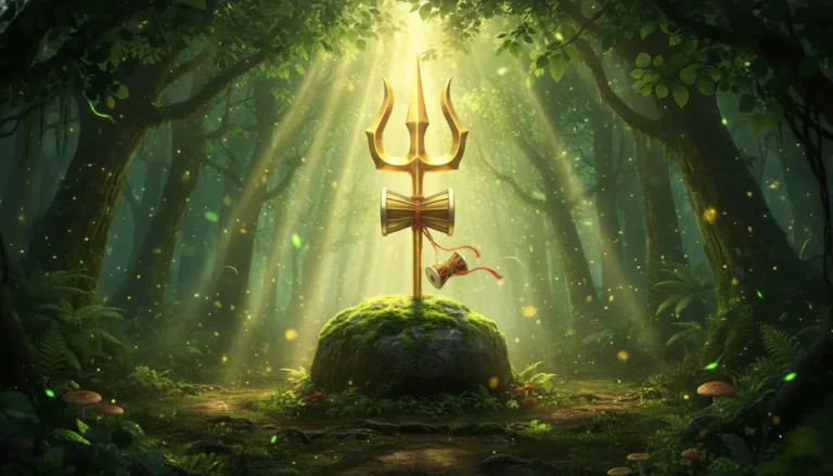 Spiritual Trishul and Damru in mystical forest 1080p wallpaper download