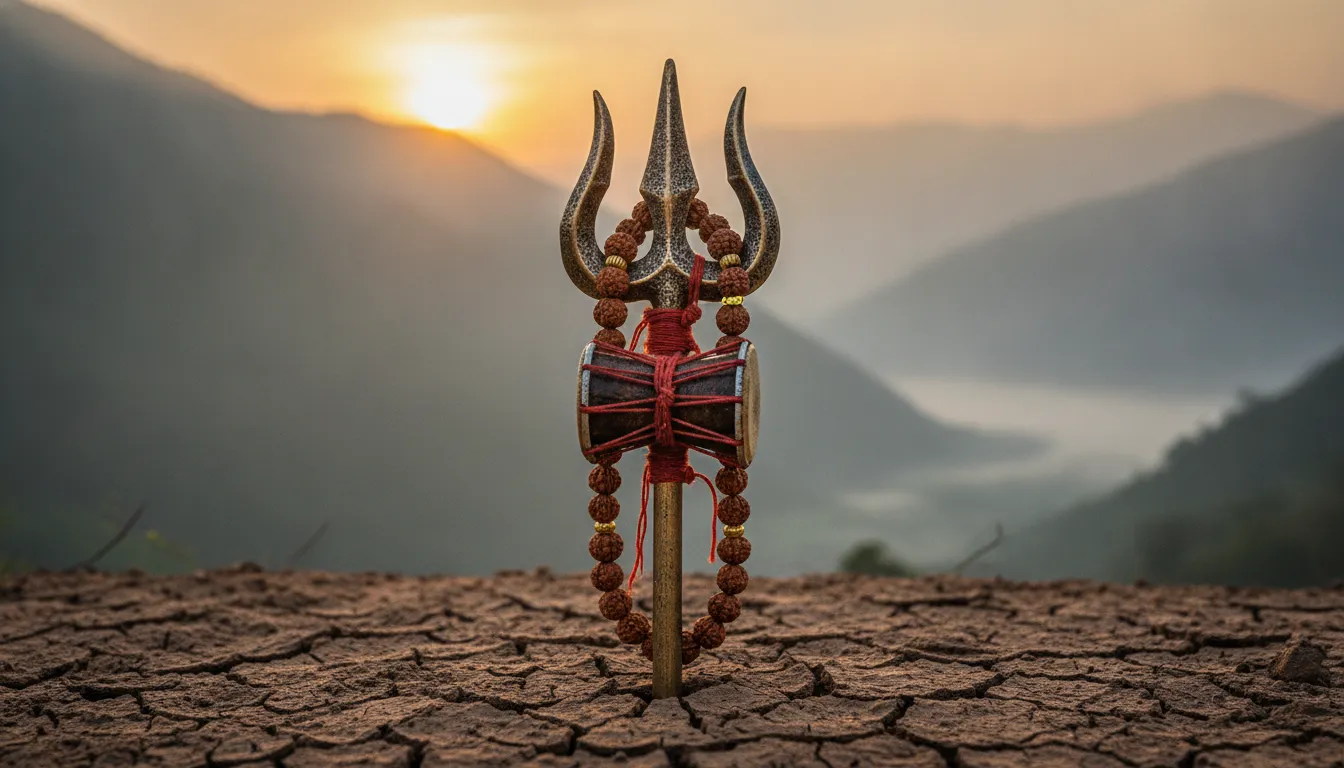 Close-up har har mahadev hd photo of sacred Trishul, Damru, and Rudraksha beads.