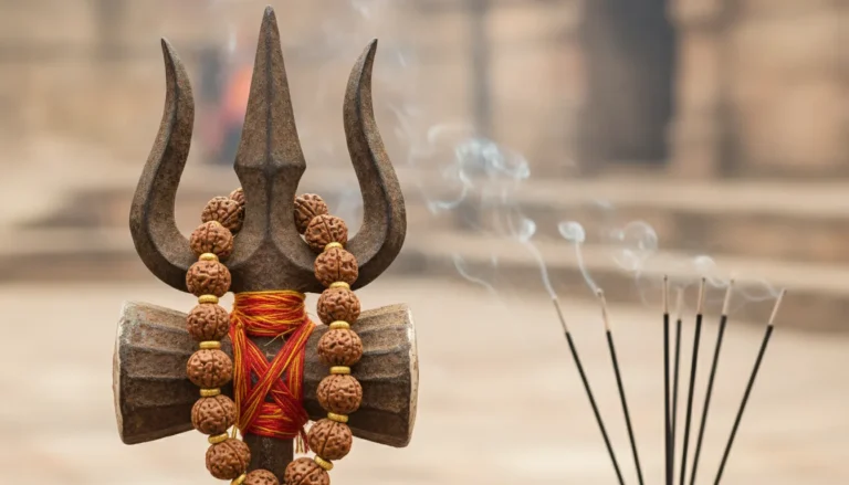 Close up Har Har Mahadev image photo of a silver Trishul with Rudraksha beads.