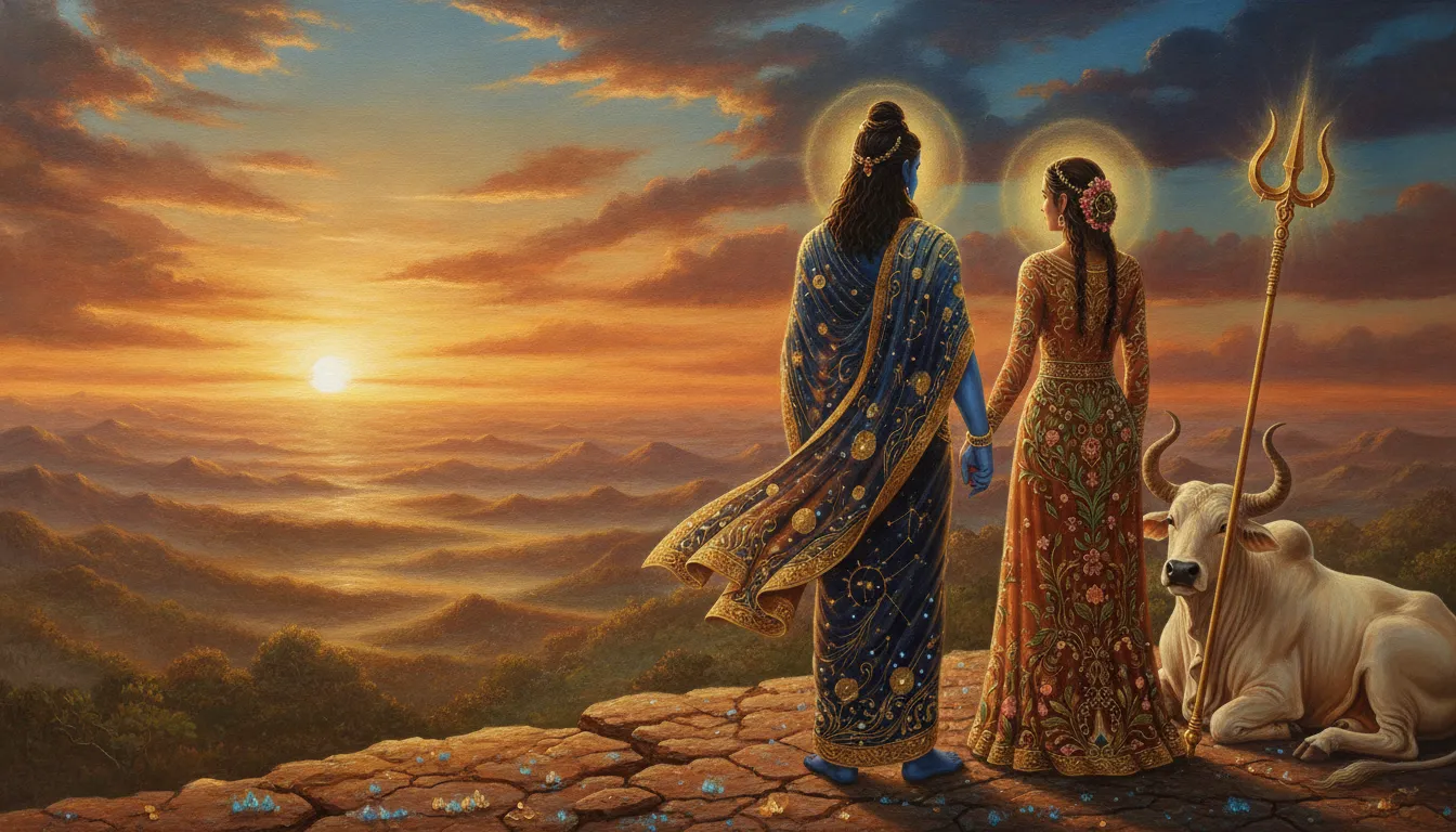 A detailed painting of a blue-skinned man and a beautiful woman holding hands beside a white bull and a trishul.