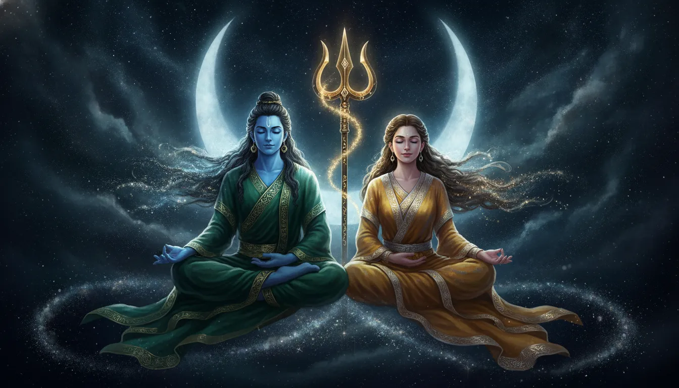 A detailed spiritual painting of a blue deity and a woman meditating under a glowing crescent moon and stars.