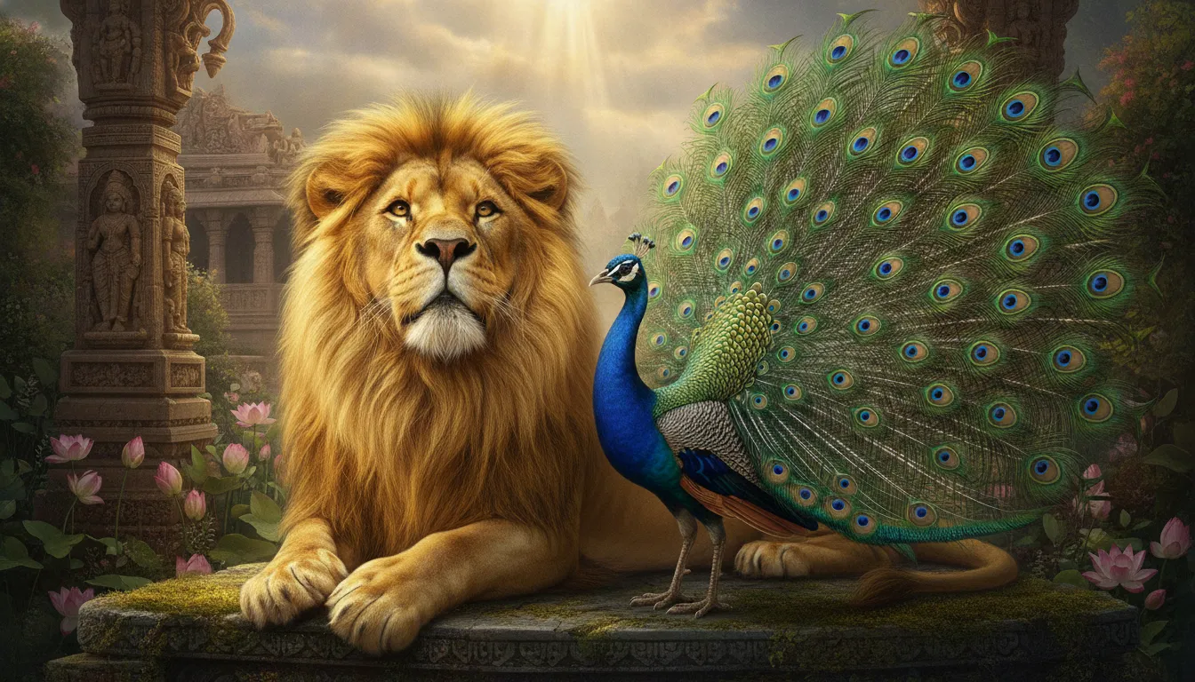 Goddess Parvati lion and Lord Kartikeya peacock sitting peacefully together