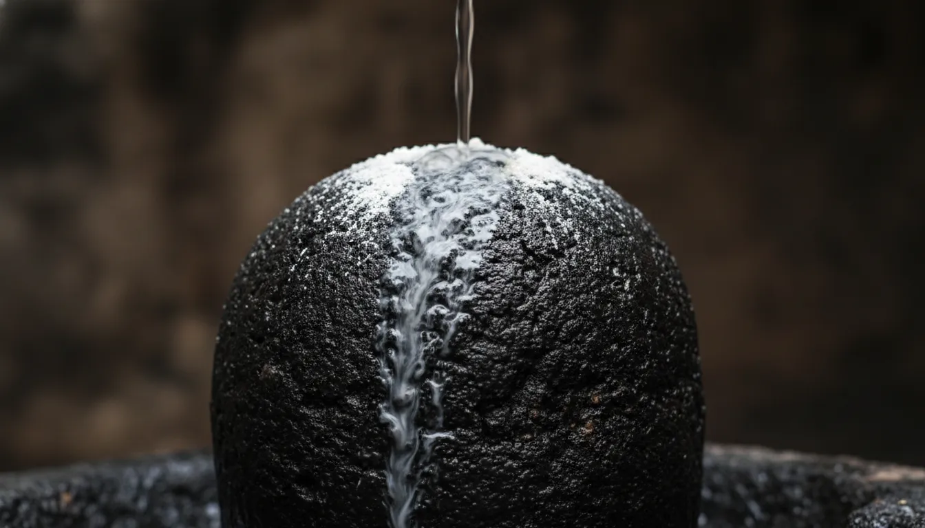 Black stone Shivling with holy ash and water streams during a ritual.