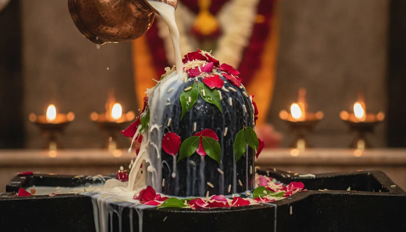 Close up shot of continuous stream of milk pouring over a dark stone shivling during a ritual prayer.