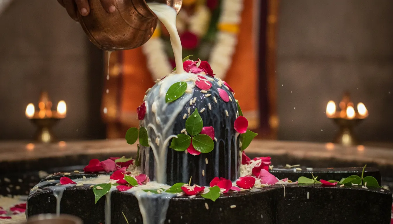 Close up shot of continuous stream of milk pouring over a dark stone shivling during a ritual prayer.