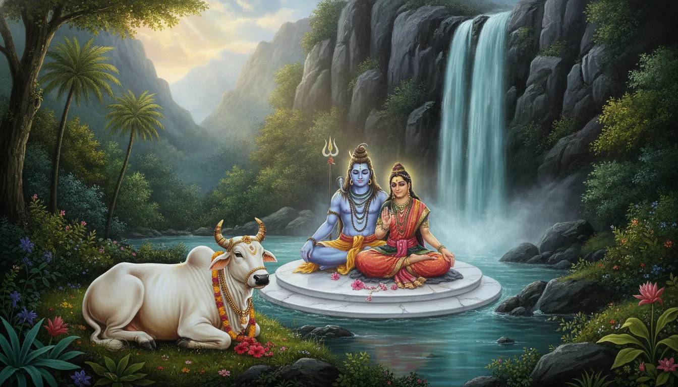 Divine couple meditating near a sacred waterfall in a lush mountain valley