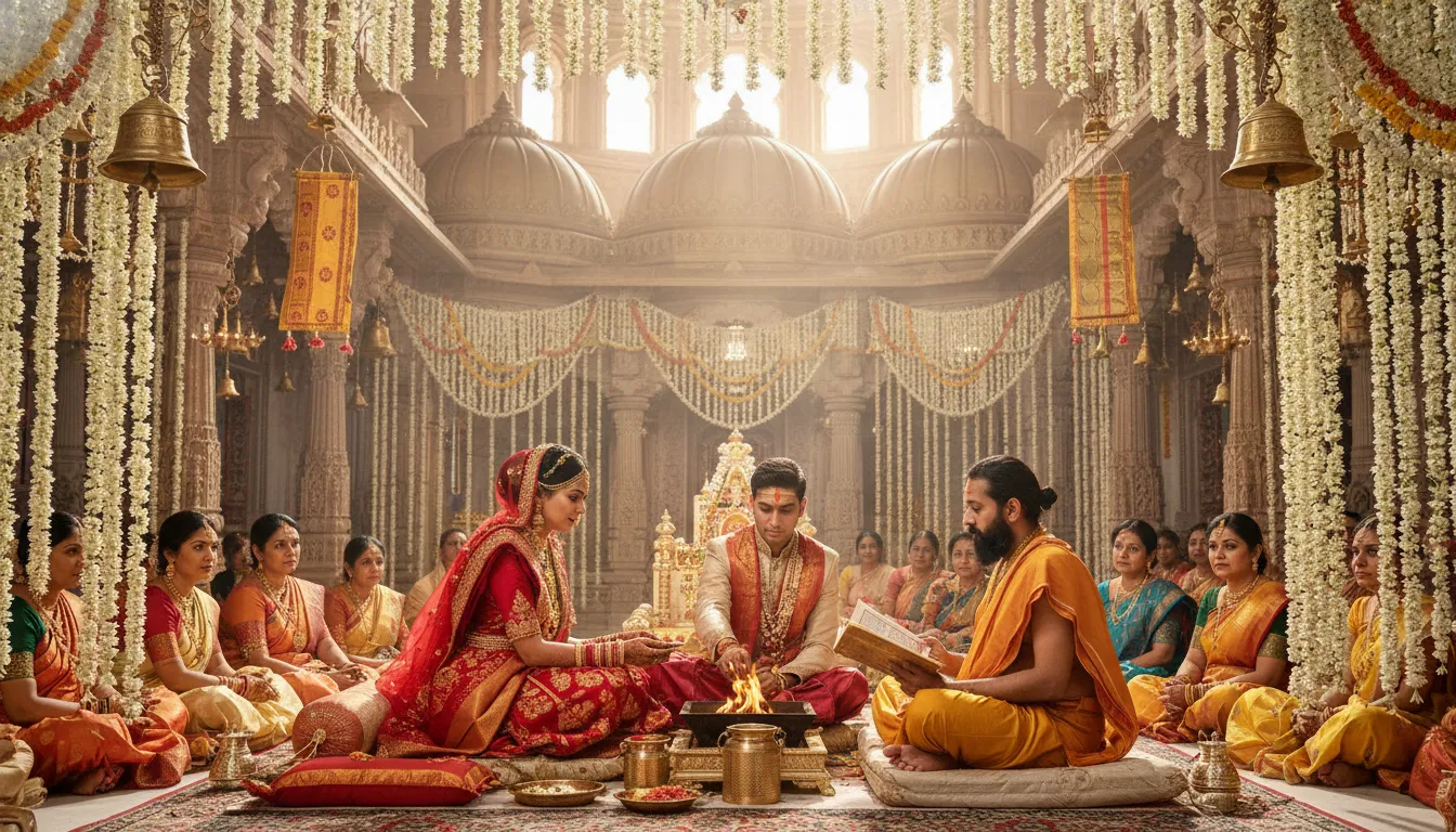 A bride and groom sitting near the sacred fire during a temple wedding ritual.