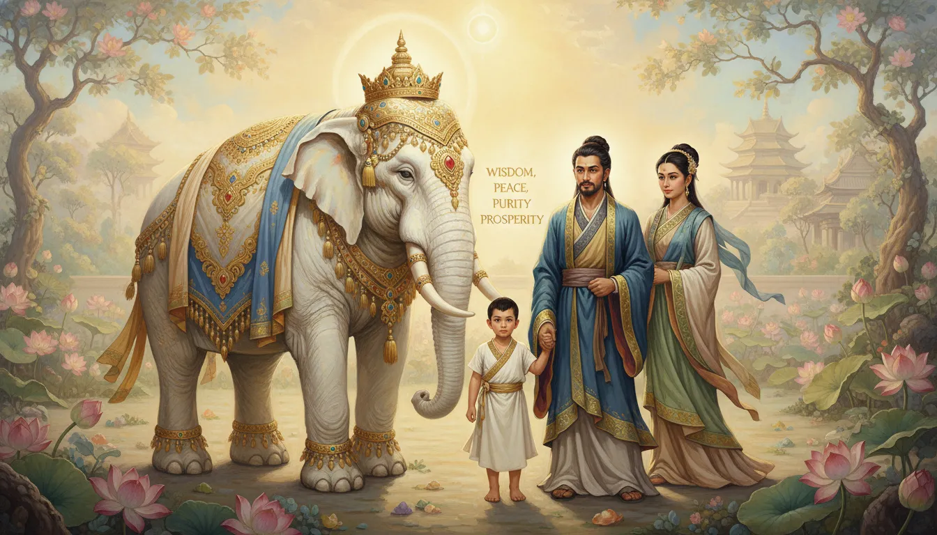 Parents and child receiving blessings next to a decorated white elephant
