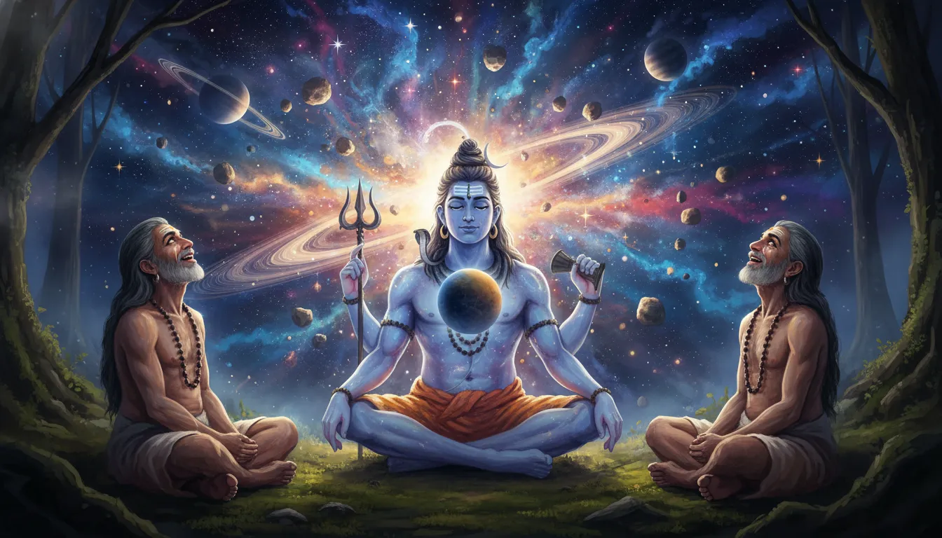 A cosmic conceptual art piece showing sages witnessing the universe inside Lord Shiva during a sermon.