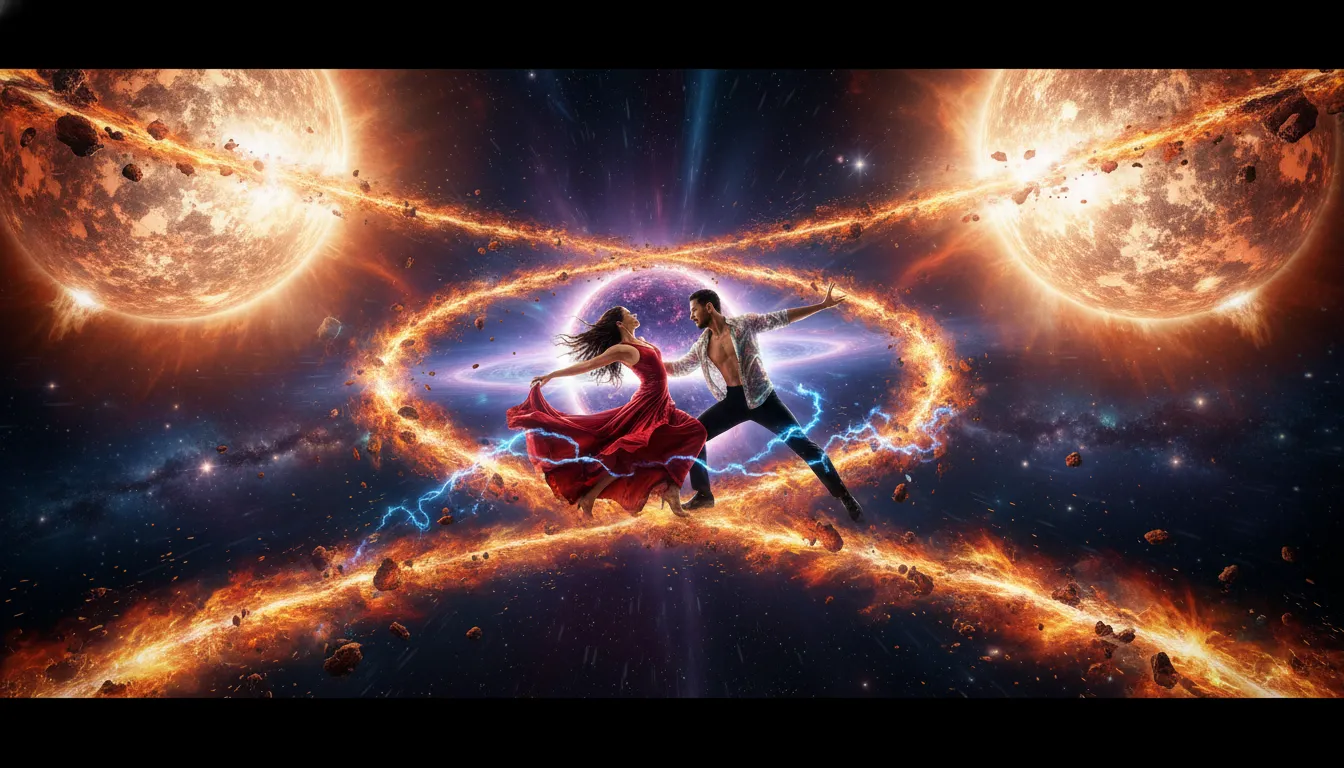 A couple dancing salsa in the gravity well between two colliding fiery stars.