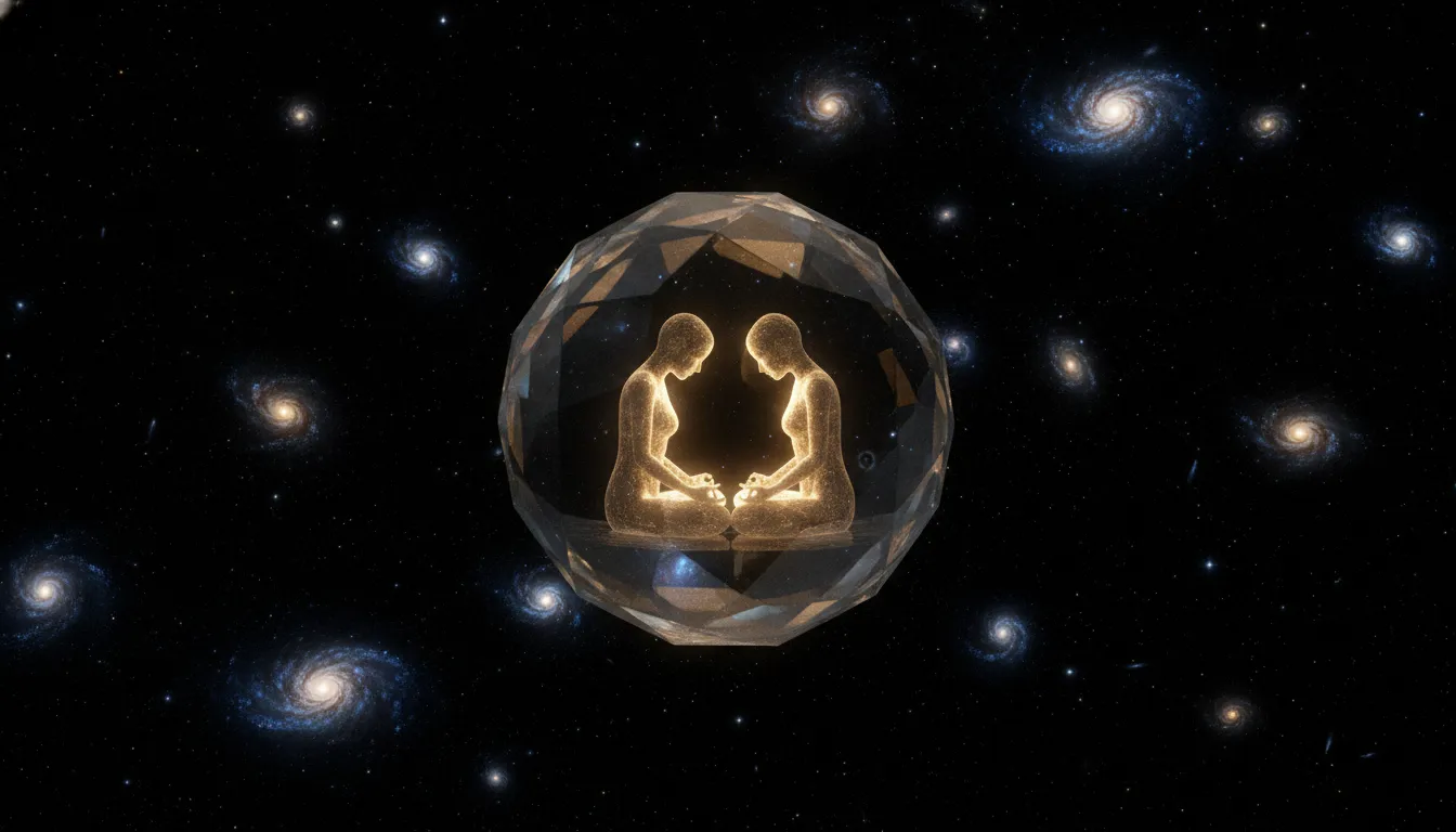 Divine couple in deep meditation surrounded by a protective crystal shield in the dark universe