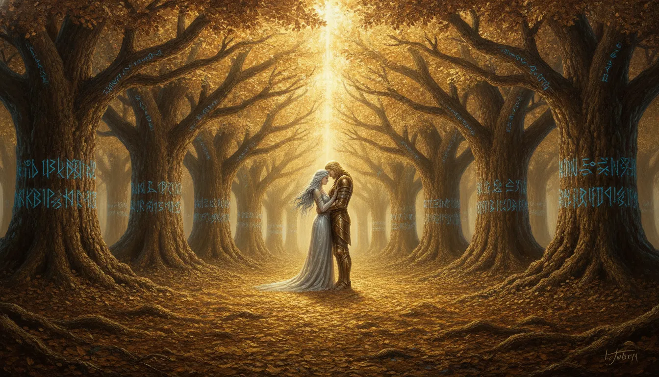 Massive, ancient golden oak trees forming a protective archway over a divine couple in deep meditation.