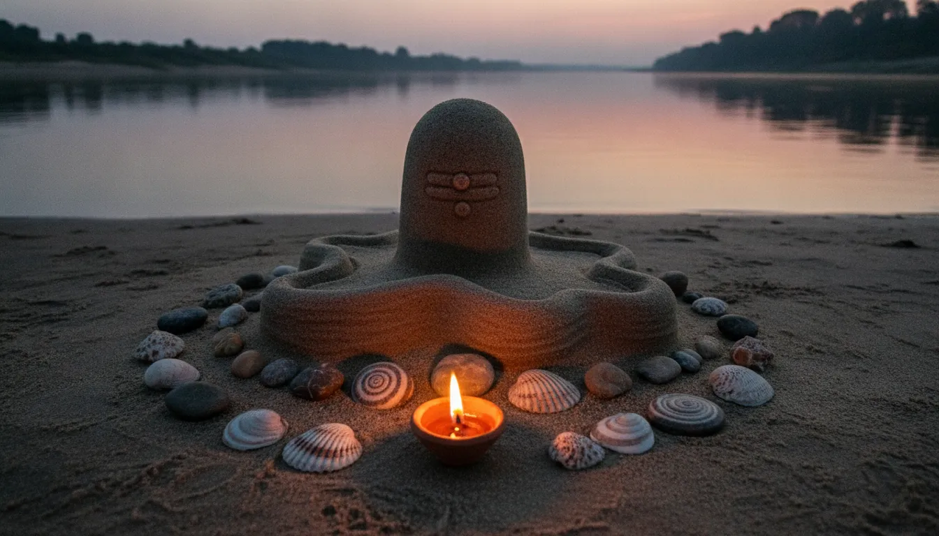 A creative sand sculpture of a shiv shivling image on the banks of a peaceful river.