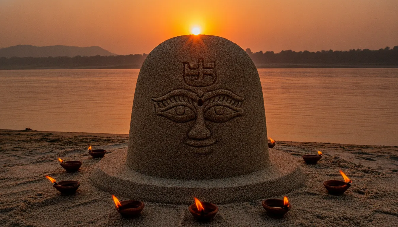 A beautifully detailed sand sculpture of a Shivling with an eye carved on a river bank during sunset.